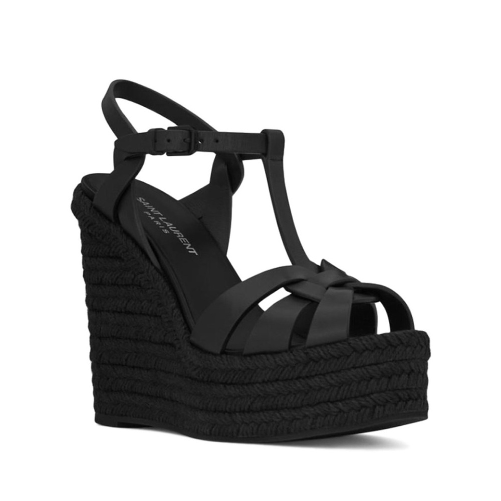 Saint Laurent Black Espadrille Wedges with T-Strap Design size 40